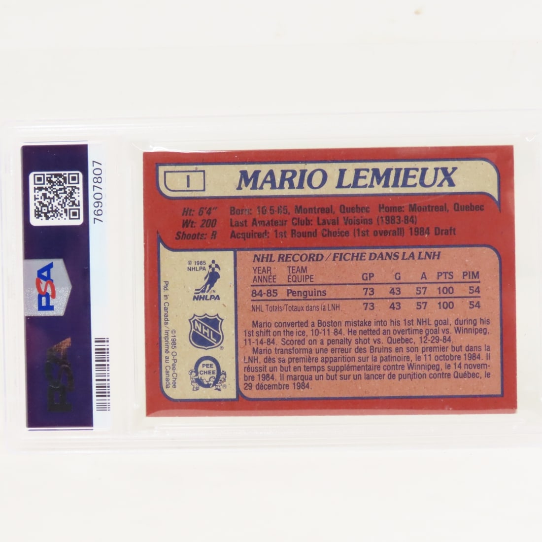 1985 O-PEE-CHEE Box Bottoms Mario Lemieux #1 PSA 3 - 3