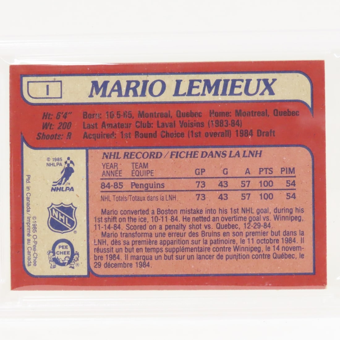 1985 O-PEE-CHEE Box Bottoms Mario Lemieux #1 PSA 3 - 4