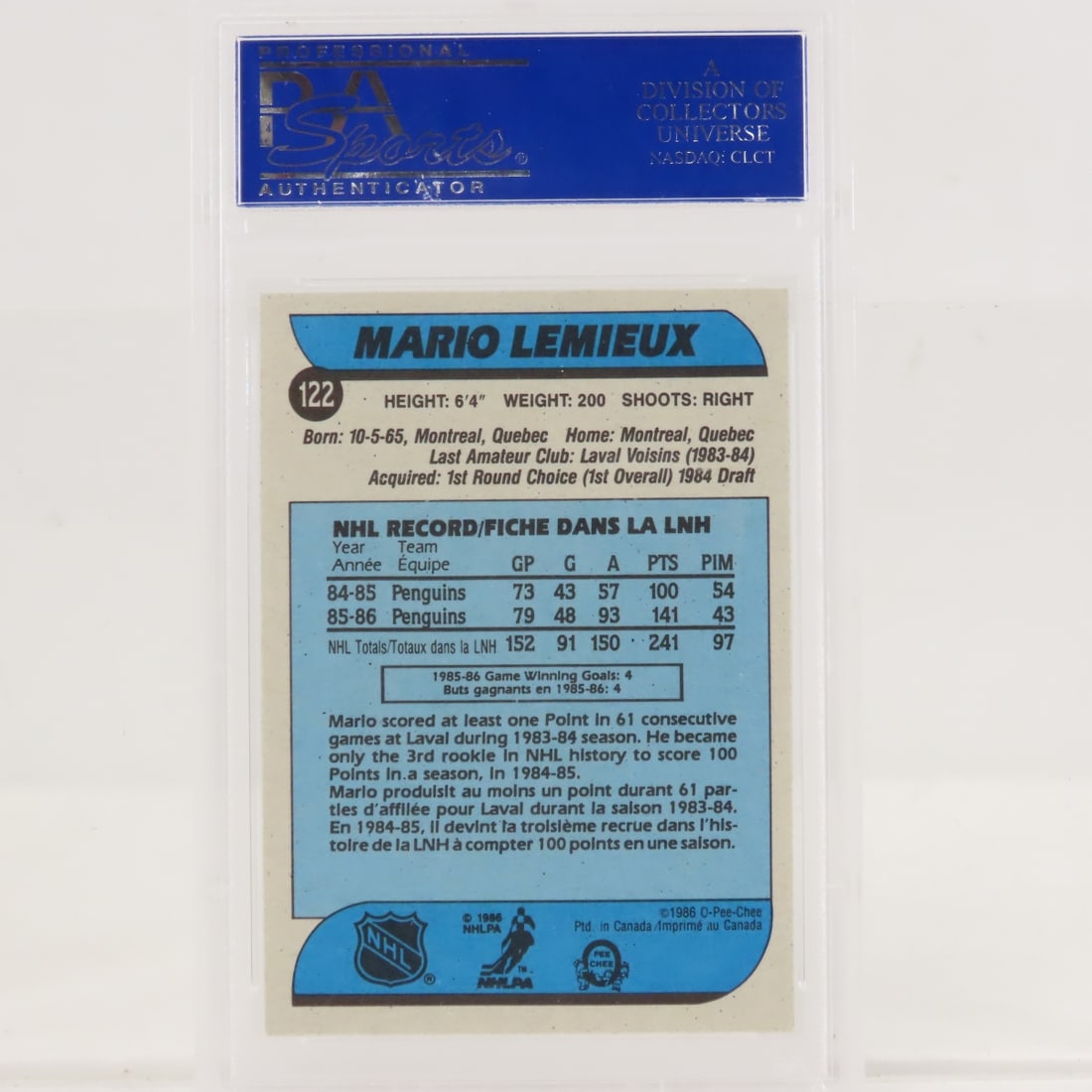 1986 O-PEE-CHEE Mario Lemieux #122 PSA 8 NM-MT - 4