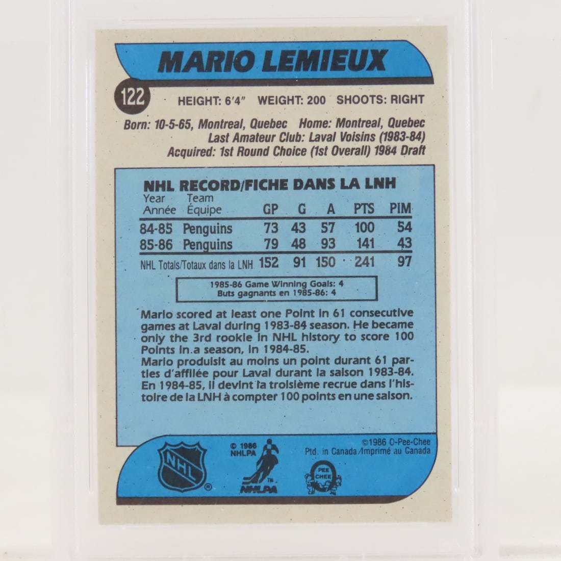 1986 O-PEE-CHEE Mario Lemieux #122 PSA 8 NM-MT - 5