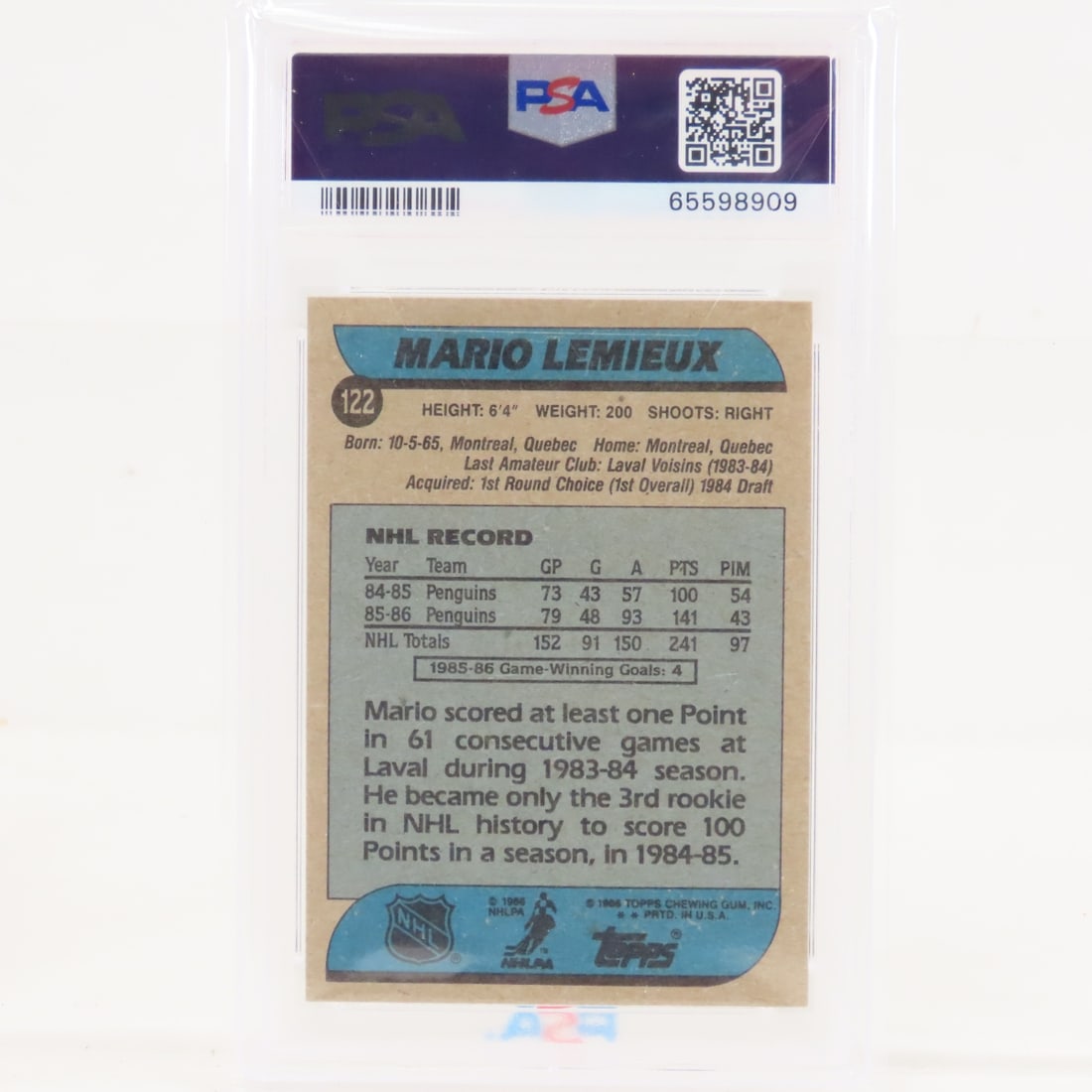 1986 O-PEE-CHEE Mario Lemieux #122 PSA 8 NM-MT - 8