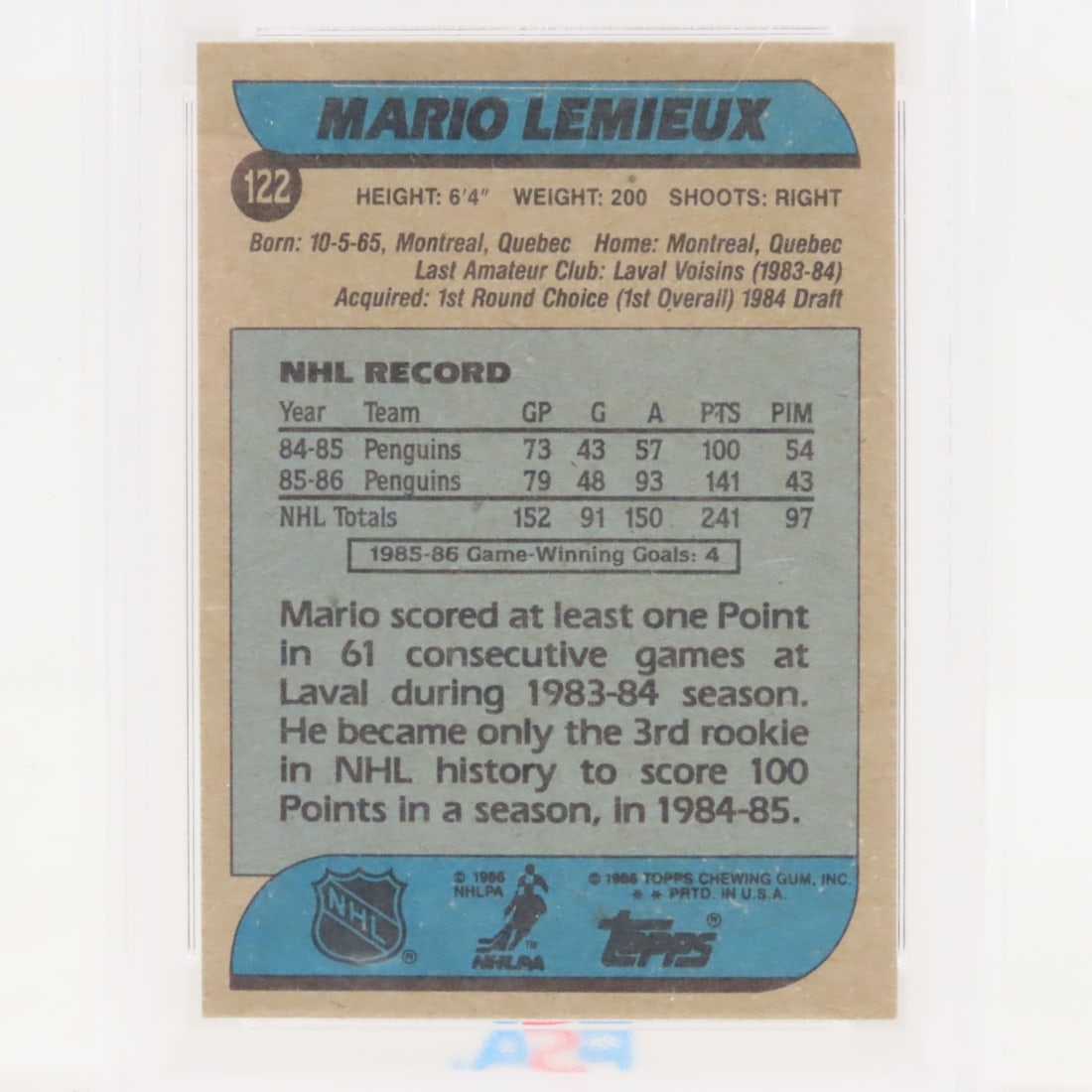1986 O-PEE-CHEE Mario Lemieux #122 PSA 8 NM-MT - 9