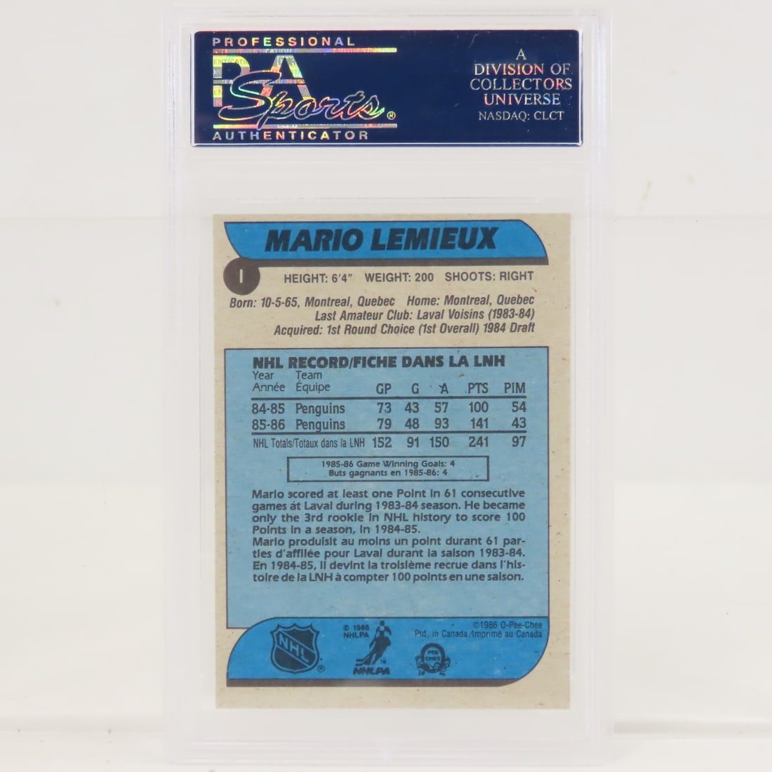 1986 O-PEE-CHEE Box Bottoms Mario Lemieux #I PSA - 4