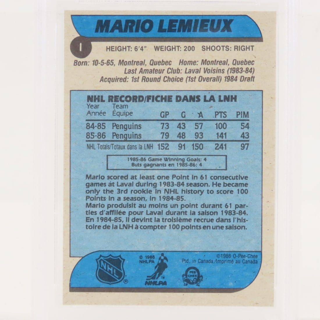 1986 O-PEE-CHEE Box Bottoms Mario Lemieux #I PSA - 5