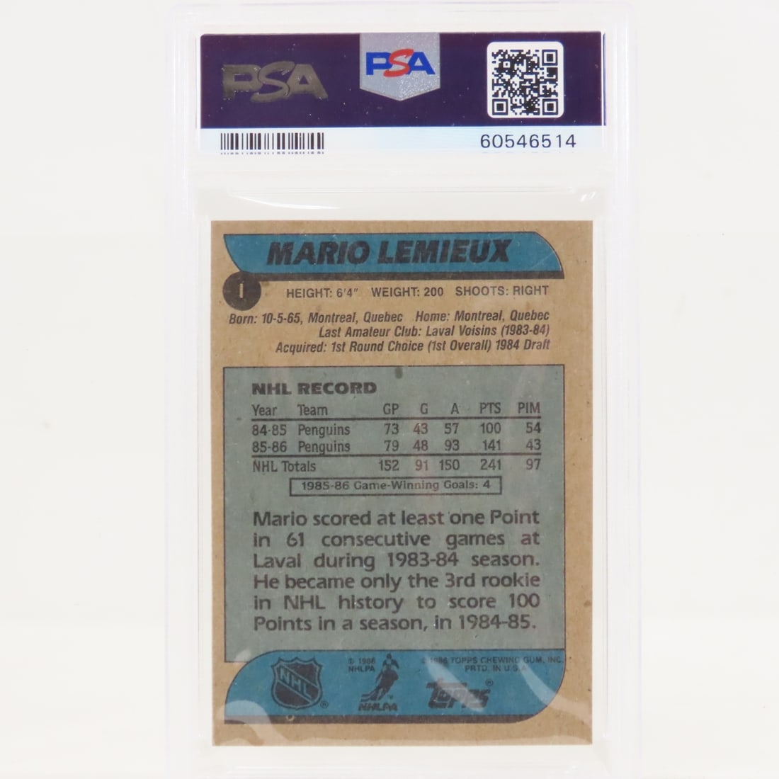 1986 O-PEE-CHEE Box Bottoms Mario Lemieux #I PSA - 8