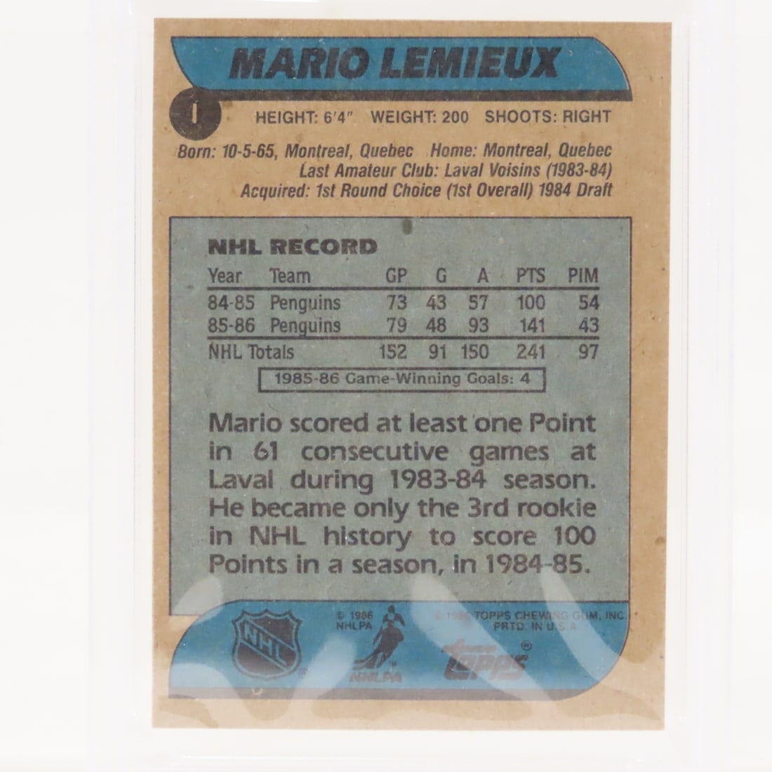 1986 O-PEE-CHEE Box Bottoms Mario Lemieux #I PSA - 9
