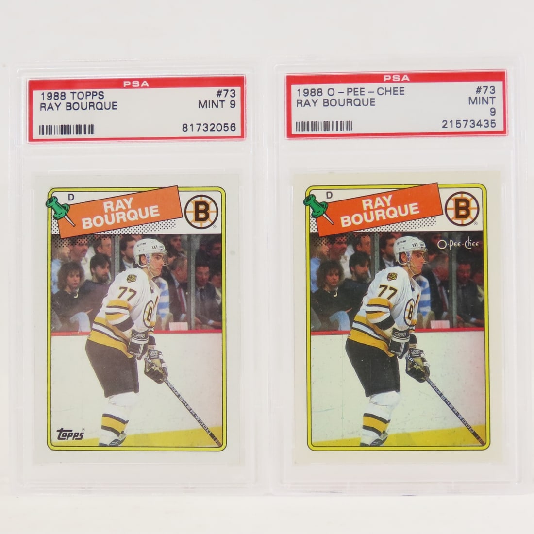 1988 O-PEE-CHEE & Topps Ray Bourque #73 PSA 9 Mint: 1988 O-PEE-CHEE & Topps Ray Bourque #73 PSA 9 Mint - Lot Size 5.5x3.5x1" 1 LB All information and photos are intended to be as accurate as possible, but errors are possible. No item may be returned or