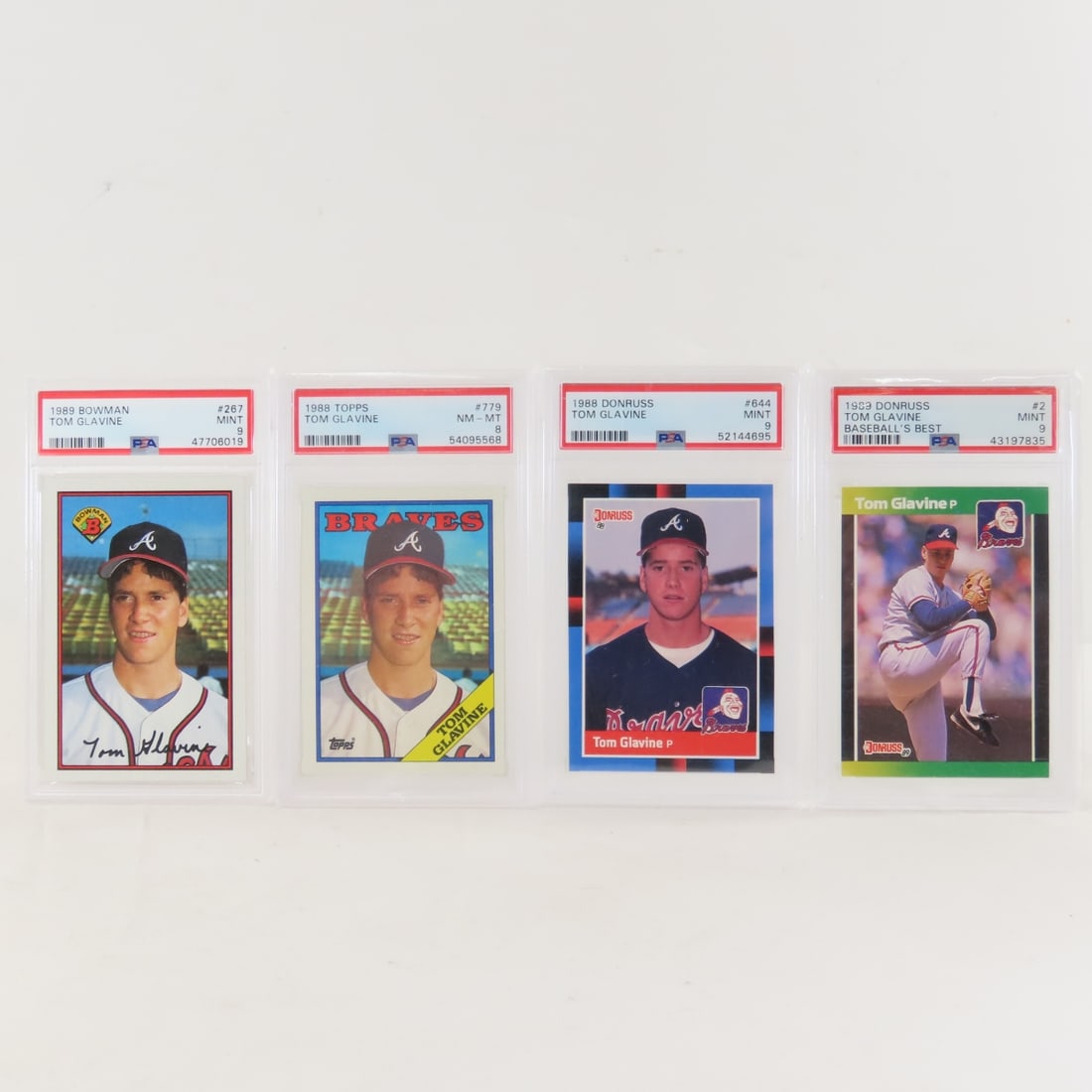 4 PSA Graded Tom Glavine Cards with 2 rookie cards: 4 PSA Graded Tom Glavine Cards with 2 rookie cards - 1988 Topps Tom Glavine #779 PSA 8 NM-MT, 1988 Donruss Tom Glavine #644 PSA 9 Mint, 1989 Bowman #267 PSA 9 Mint, 1989 Donruss Baseball's Best #2 PSA