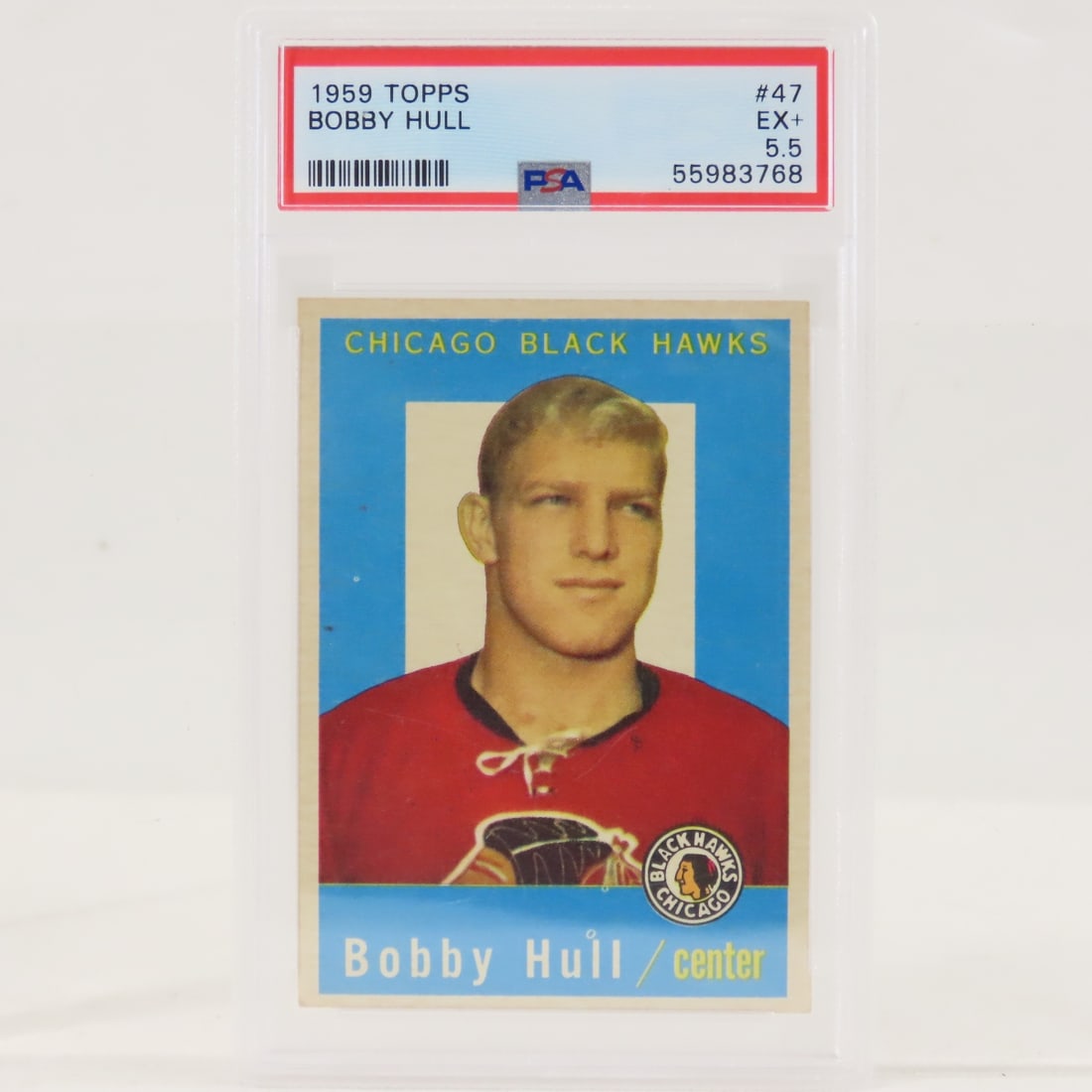 1959 Topps Bobby Hull #47 PSA 5.5 EX+: 1959 Topps Bobby Hull #47 PSA 5.5 EX+ - Lot Size 5.5x3.5x1" 1 LB All information and photos are intended to be as accurate as possible, but errors are possible. No item may be returned or refused
