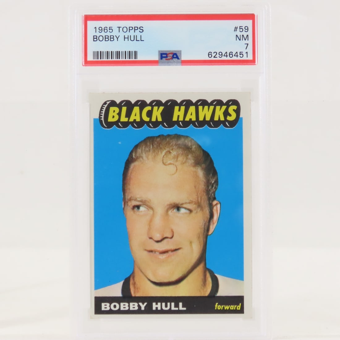 1965 Topps Bobby Hull #59 PSA 7 NM: 1965 Topps Bobby Hull #59 PSA 7 NM - Lot Size 5.5x3.5x1" 1 LB All information and photos are intended to be as accurate as possible, but errors are possible. No item may be returned or refused based o
