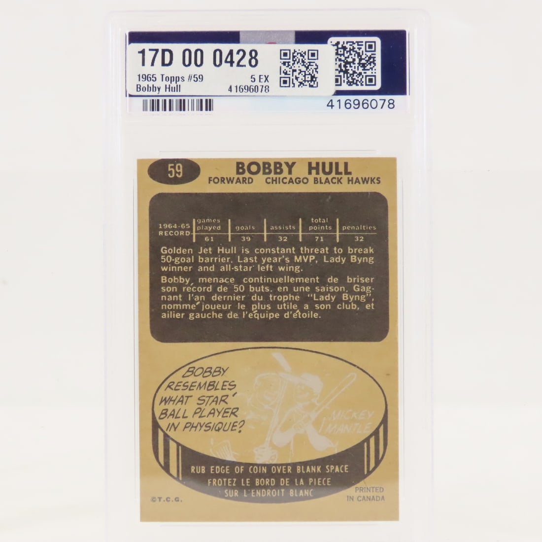 1965 Topps Bobby Hull #59 PSA 5 EX - 3