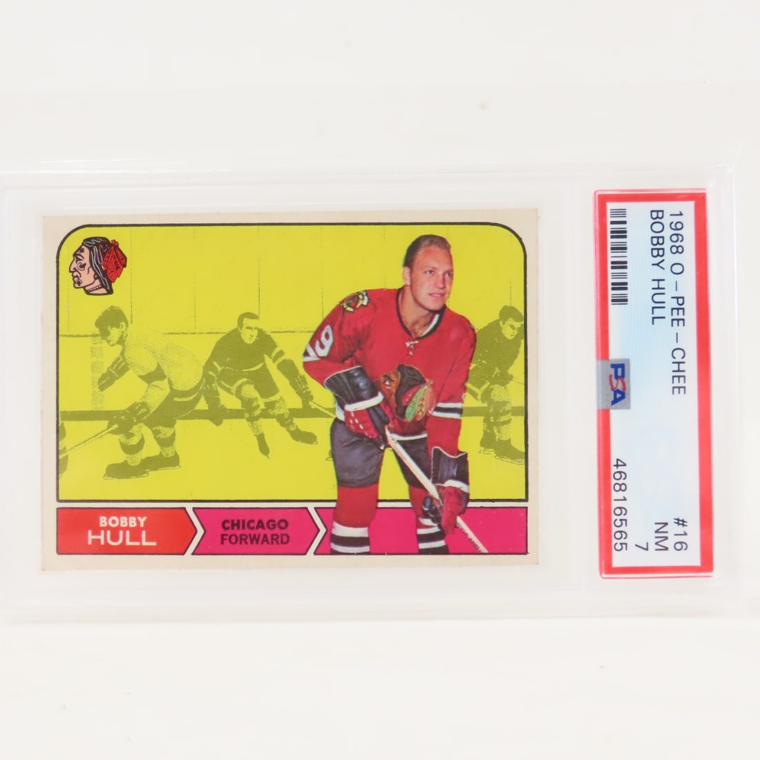 1968 O-PEE-CHEE Bobby Hull #16 PSA 7 NM: 1968 O-PEE-CHEE Bobby Hull #16 PSA 7 NM - Lot Size 5.5x3.5x1" 1 LB All information and photos are intended to be as accurate as possible, but errors are possible. No item may be returned or refused ba
