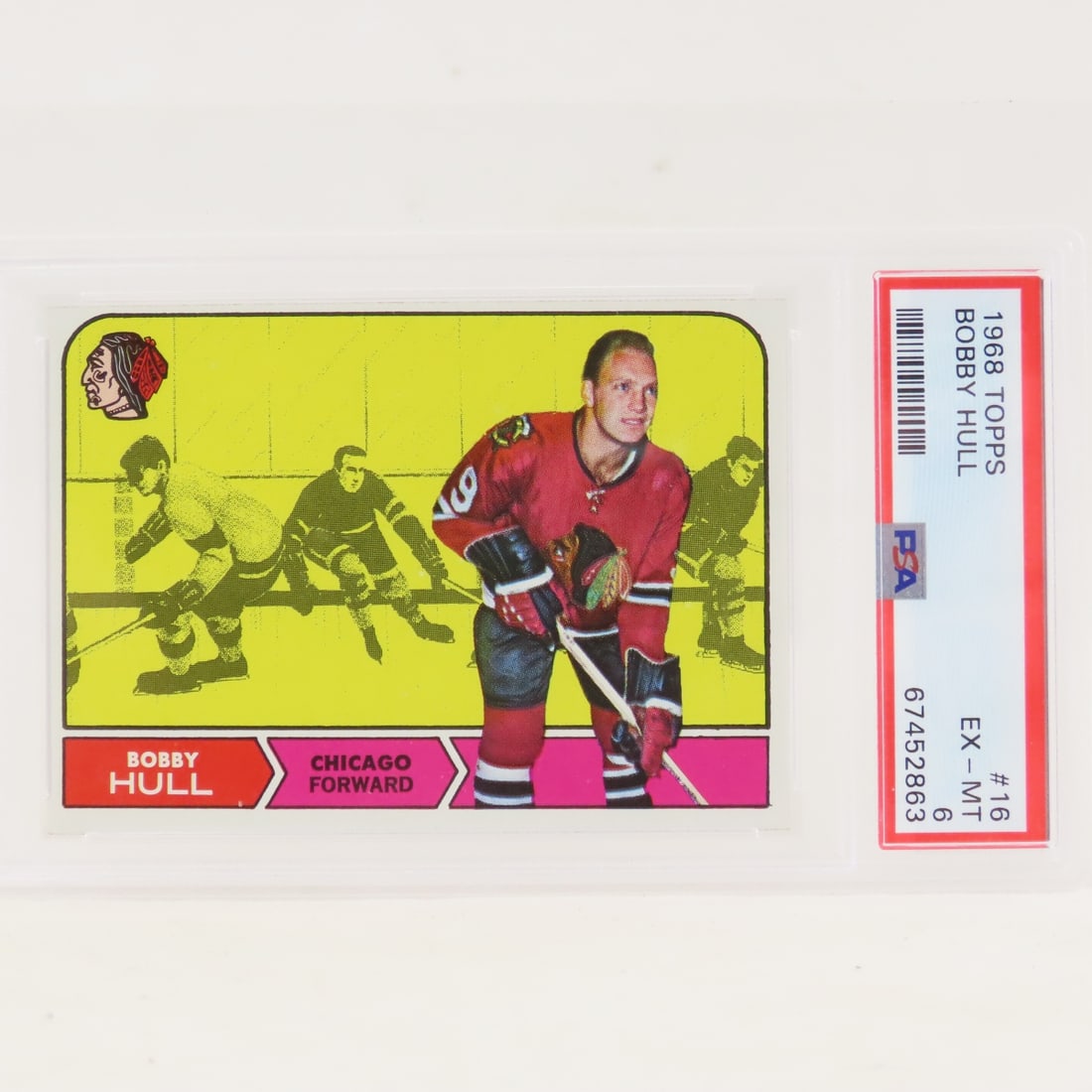 1968 Topps Bobby Hull #16 PSA 6 EX-MT: 1968 Topps Bobby Hull #16 PSA 6 EX-MT - Lot Size 5.5x3.5x1" 1 LB All information and photos are intended to be as accurate as possible, but errors are possible. No item may be returned or refused