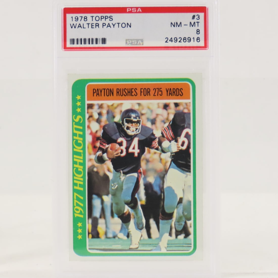 1978 Topps Walter Payton #3 PSA 8 NM-MT: 1978 Topps Walter Payton #3 PSA 8 NM-MT - Lot Size 5.5x3.5x1" 1 LB All information and photos are intended to be as accurate as possible, but errors are possible. No item may be returned or refused