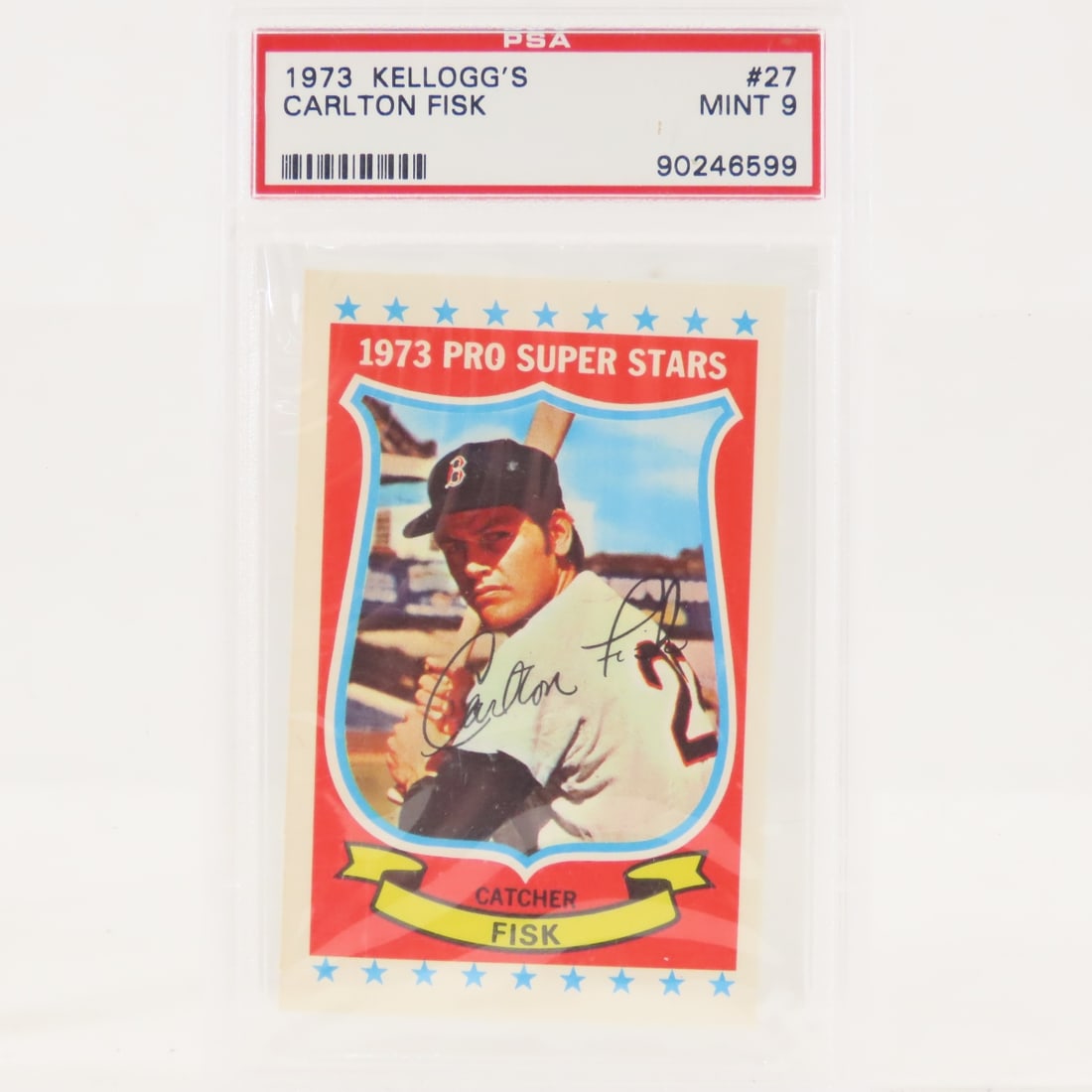 1973 Kellogg's Carlton Fisk #27 PSA 9 Mint: 1973 Kellogg's Carlton Fisk #27 PSA 9 Mint - Lot Size 5.5x3.5x1" 1 LB All information and photos are intended to be as accurate as possible, but errors are possible. No item may be returned or