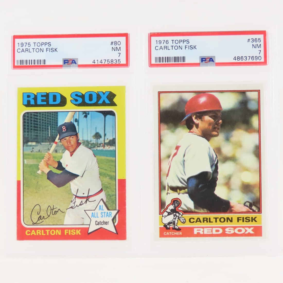 1975 #80 & 1976 #365 Topps Carlton Fisk PSA 7 NM: 1975 #80 & 1976 #365 Topps Carlton Fisk PSA 7 NM - Lot Size 5.5x3.5x1" 1 LB All information and photos are intended to be as accurate as possible, but errors are possible. No item may be returned or