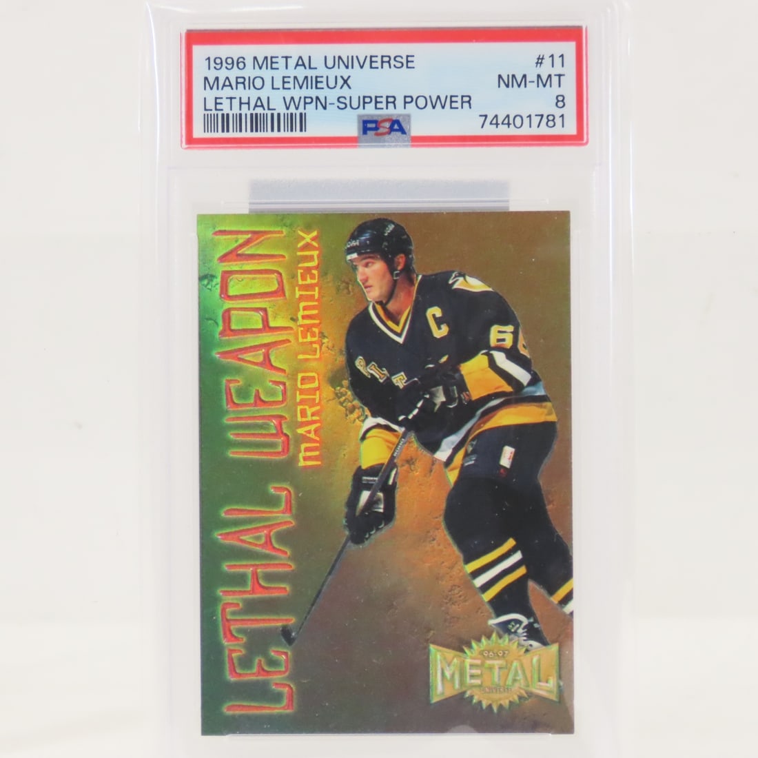 1996 Metal Universe Mario Lemieux #11 PSA 8 NM-MT: 1996 Metal Universe Mario Lemieux #11 PSA 8 NM-MT - Lethal Weapon - Super Power, eBay guarantee sticker Lot Size 5.5x3.5x1" 1 LB All information and photos are intended to be as accurate as possible,