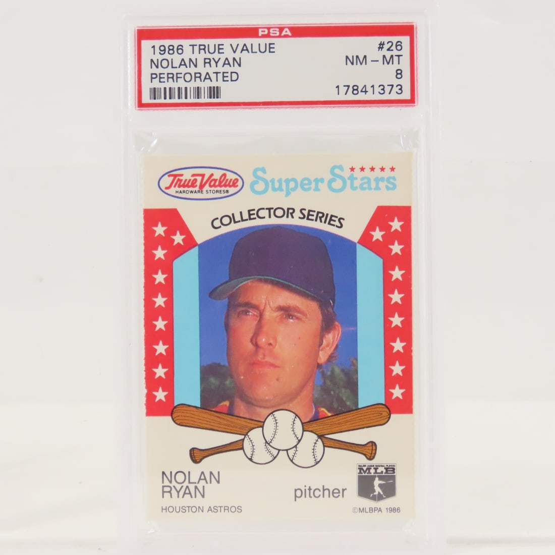 1986 True Value Nolan Ryan #26 PSA 8 NM-MT: 1986 True Value Nolan Ryan #26 PSA 8 NM-MT - Perforated. Lot Size 5.5x3.5x1" 1 LB All information and photos are intended to be as accurate as possible, but errors are possible. No item may be