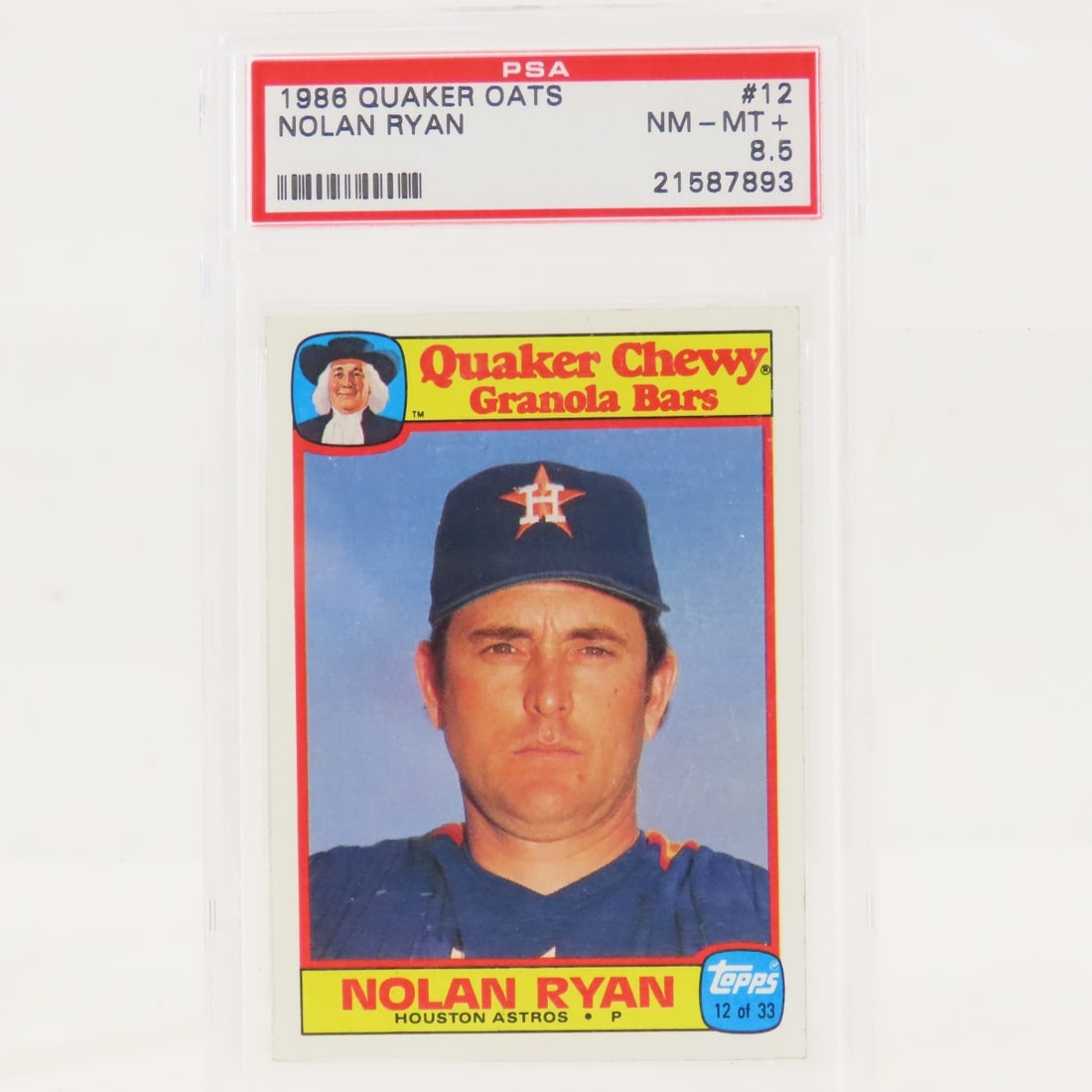 1986 Quaker Oats Nolan Ryan #12 PSA 8.5 NM-MT+: 1986 Quaker Oats Nolan Ryan #12 PSA 8.5 NM-MT+ - Perforated. Lot Size 5.5x3.5x1" 1 LB All information and photos are intended to be as accurate as possible, but errors are possible. No item may be