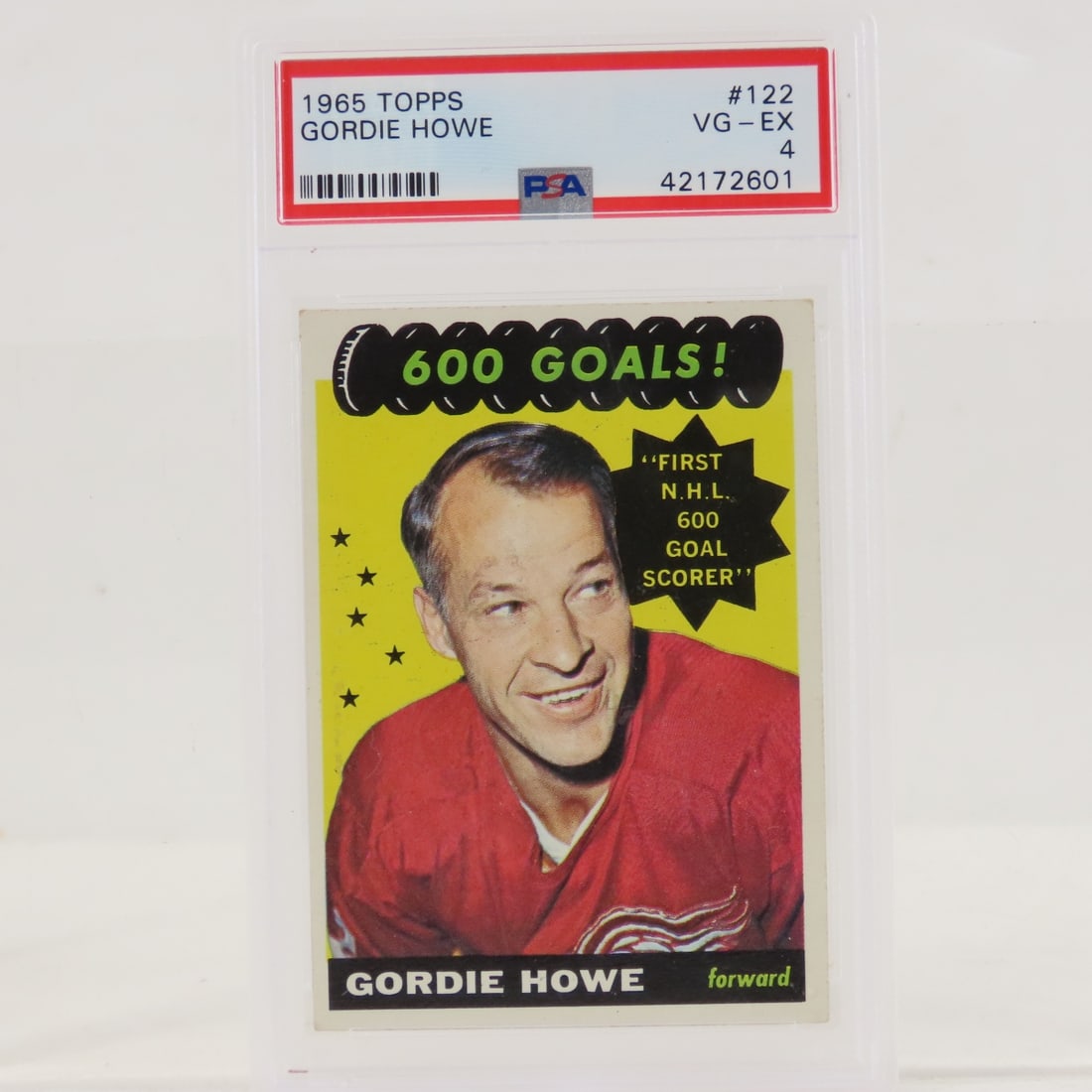 1965 Topps Gordie Howe #122 PSA 4 VG-EX: 1965 Topps Gordie Howe #122 PSA 4 VG-EX - Lot Size 5.5x3.5x1" 1 LB All information and photos are intended to be as accurate as possible, but errors are possible. No item may be returned or refused