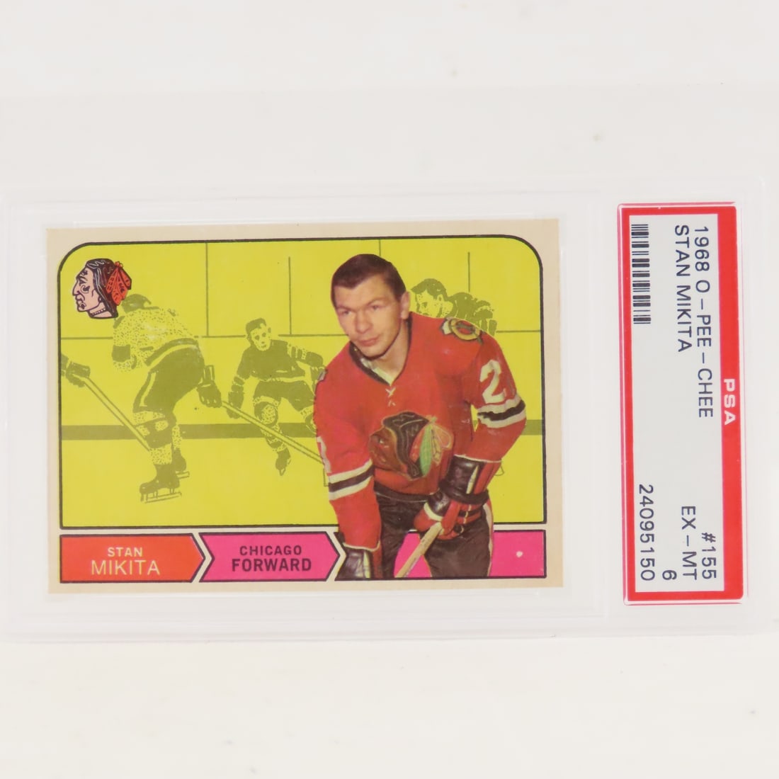 1968 O-PEE-CHEE Stan Mikita #155 PSA 6 EX-MT: 1968 O-PEE-CHEE Stan Mikita #155 PSA 6 EX-MT - Lot Size 5.5x3.5x1" 1 LB All information and photos are intended to be as accurate as possible, but errors are possible. No item may be returned or