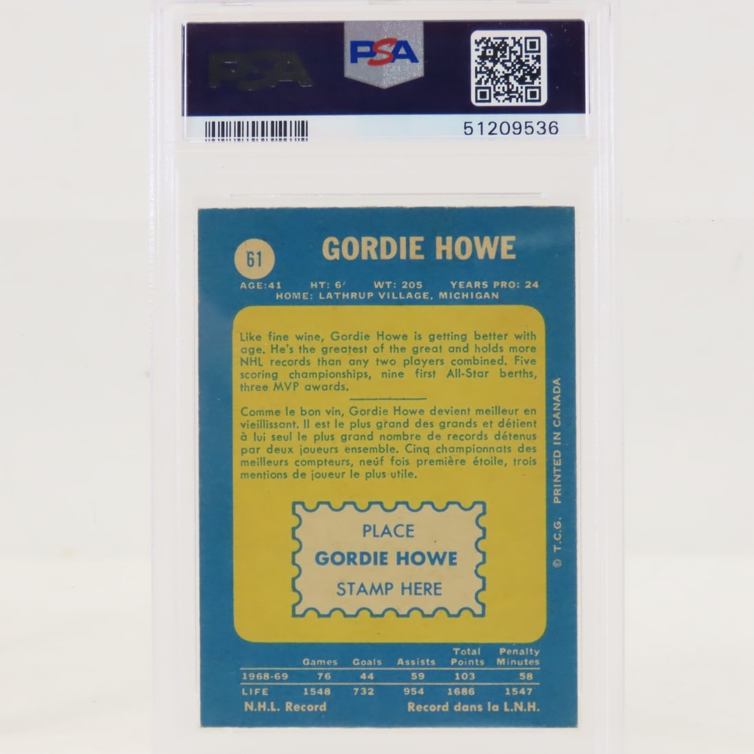 1969 O-PEE-CHEE Gordie Howe #61 PSA 5 EX - 3