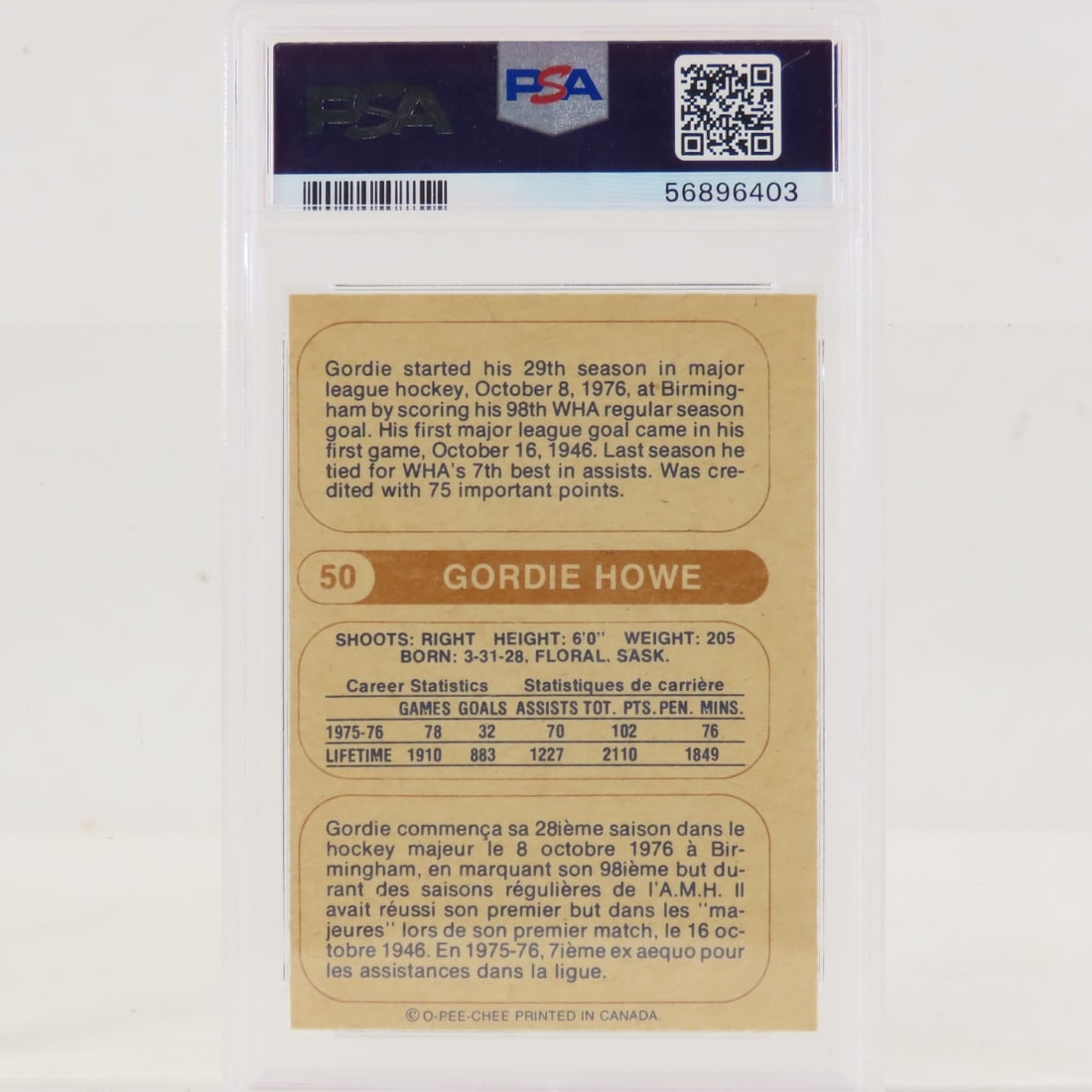 1976 O-PEE-CHEE WHA Gordie Howe #50 PSA 7 NM - 3