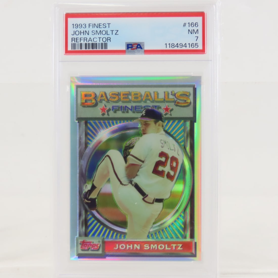 1993 Finest John Smoltz Refractor #166 PSA 7 NM: 1993 Finest John Smoltz Refractor #166 PSA 7 NM - Lot Size 5.5x3.5x1" 1 LB All information and photos are intended to be as accurate as possible, but errors are possible. No item may be returned or re