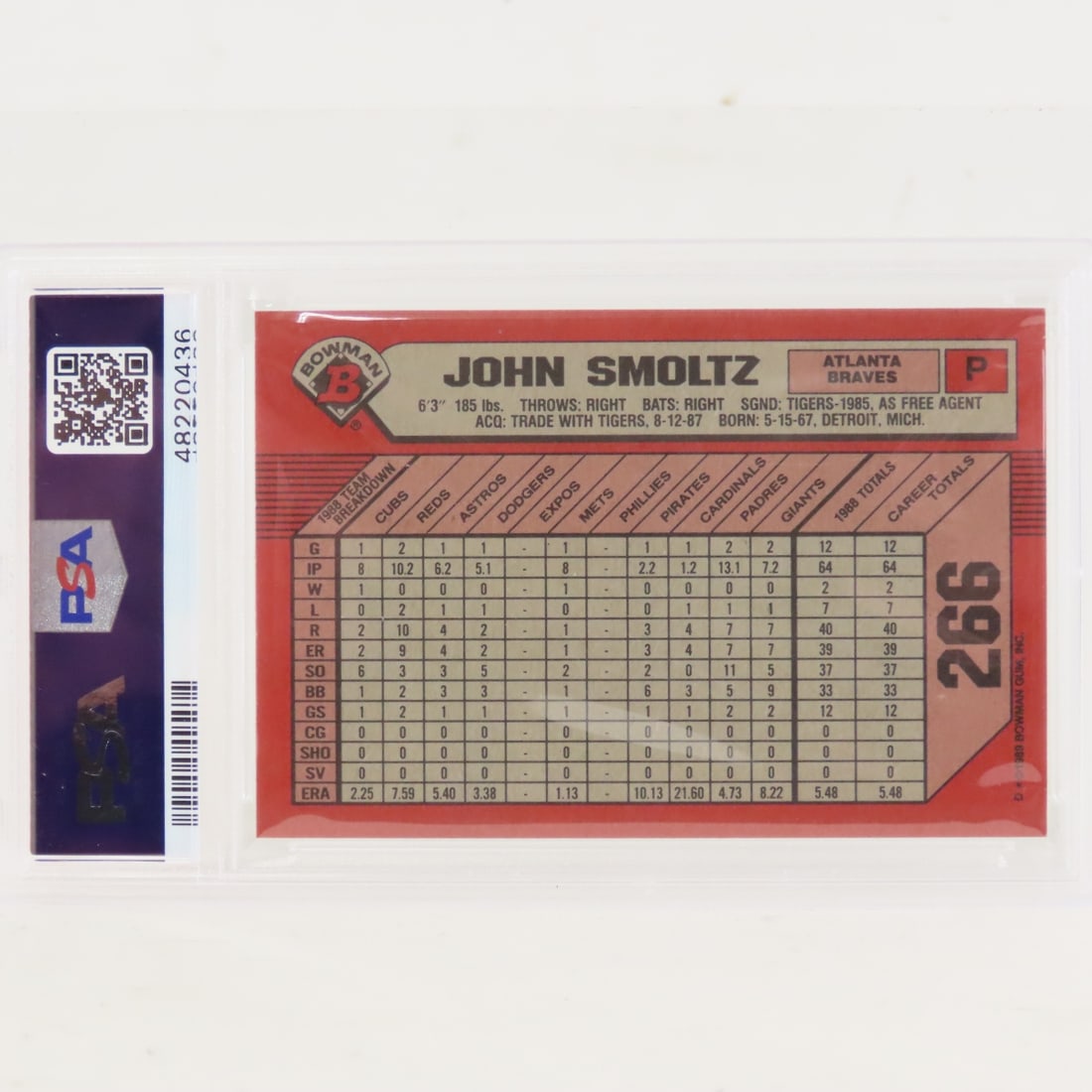1989 Bowman John Smoltz #266 PSA 9 Mint Rookie - 3