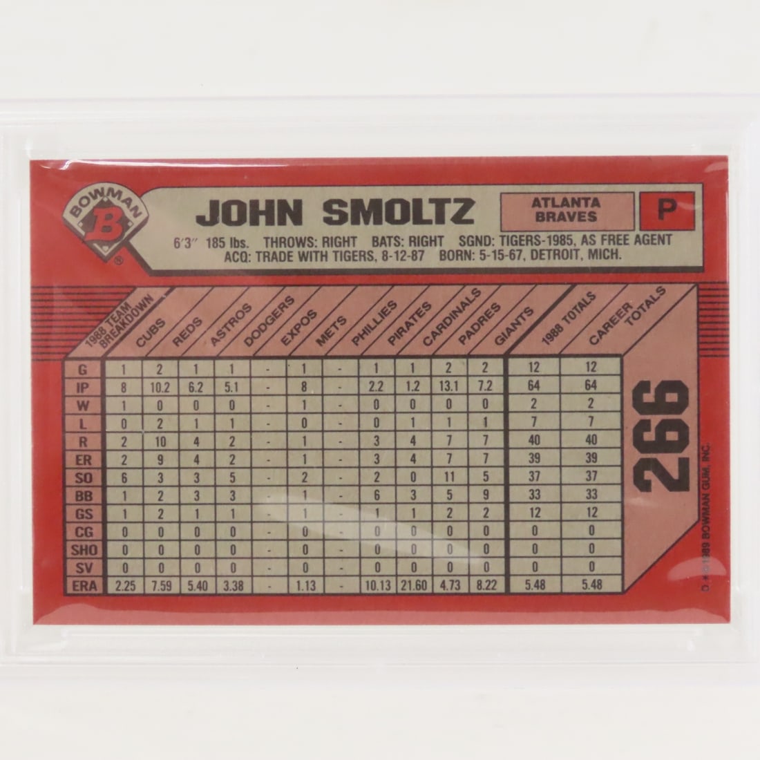 1989 Bowman John Smoltz #266 PSA 9 Mint Rookie - 4