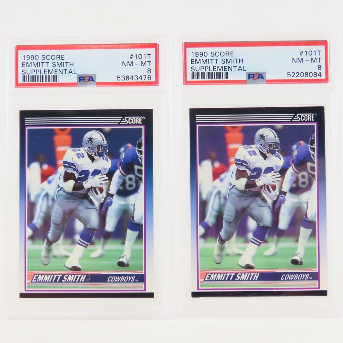 2 1990 Score Emmitt Smith #101T PSA 8 NM-MT RC: 2 1990 Score Emmitt Smith #101T PSA 8 NM-MT RC - Lot Size 5.5x3.5x1" 1 LB All information and photos are intended to be as accurate as possible, but errors are possible. No item may be returned or