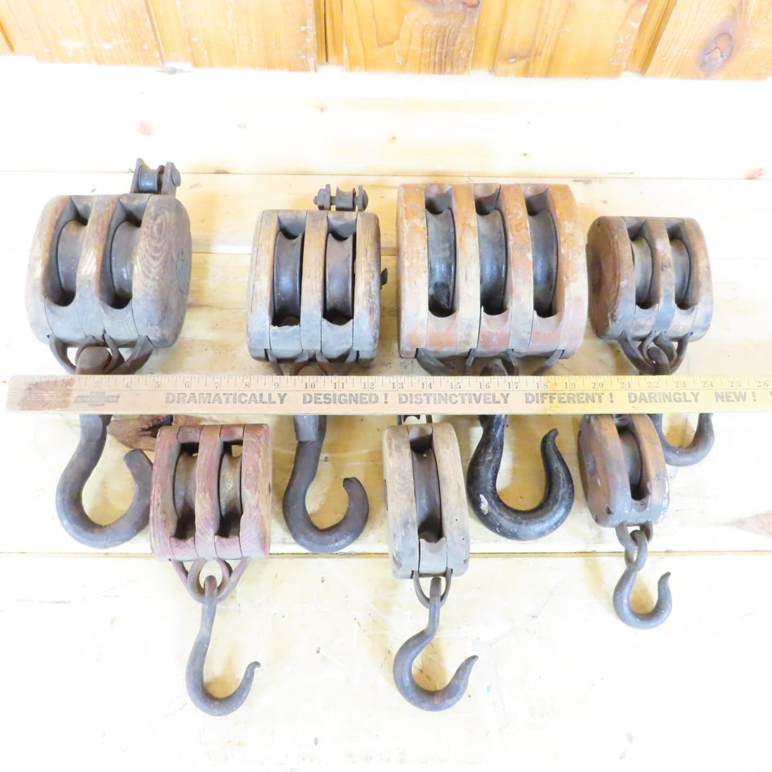 Antique Wood Barn Block & Tackle Pulleys - 2