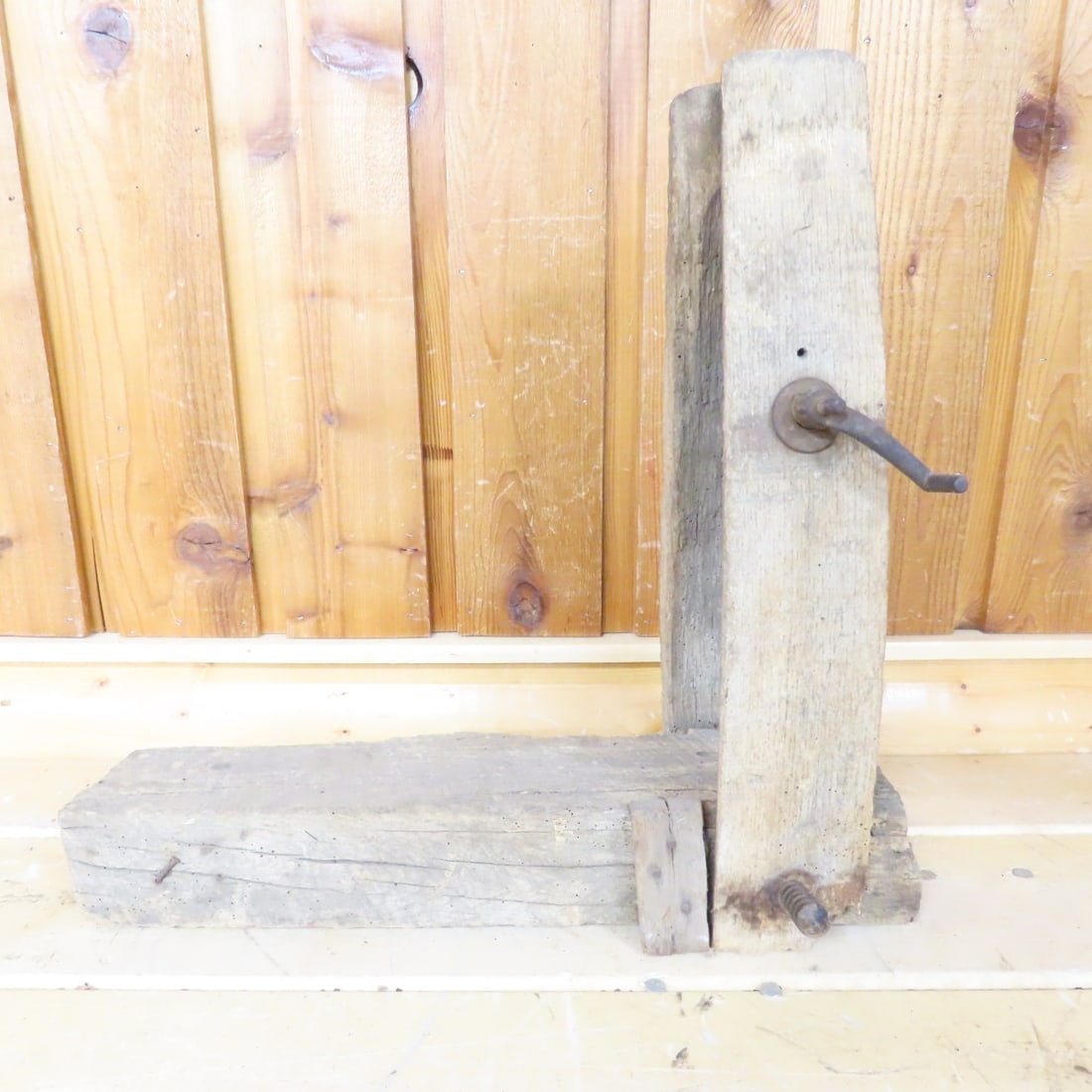 Antique wood box, primitive clamp, pulley, & more - 2