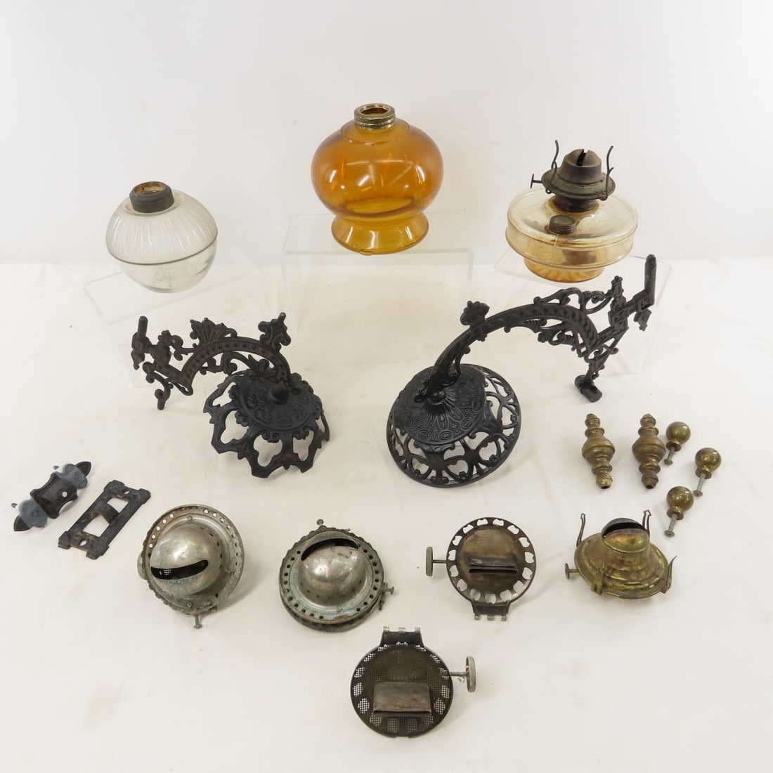 Iron Oil Lamp Sconces, Glass Bases & Burners - 2