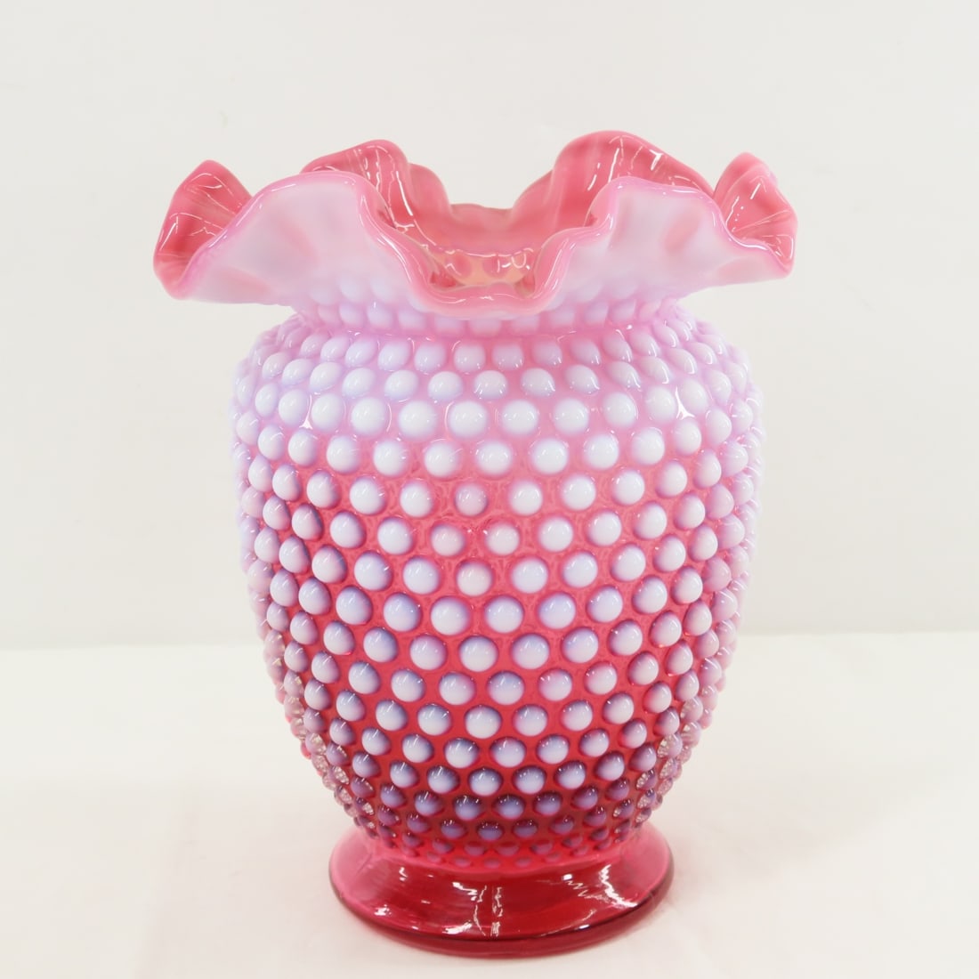3 Fenton Cranberry Opalescent Hobnail Glass Vases - 2
