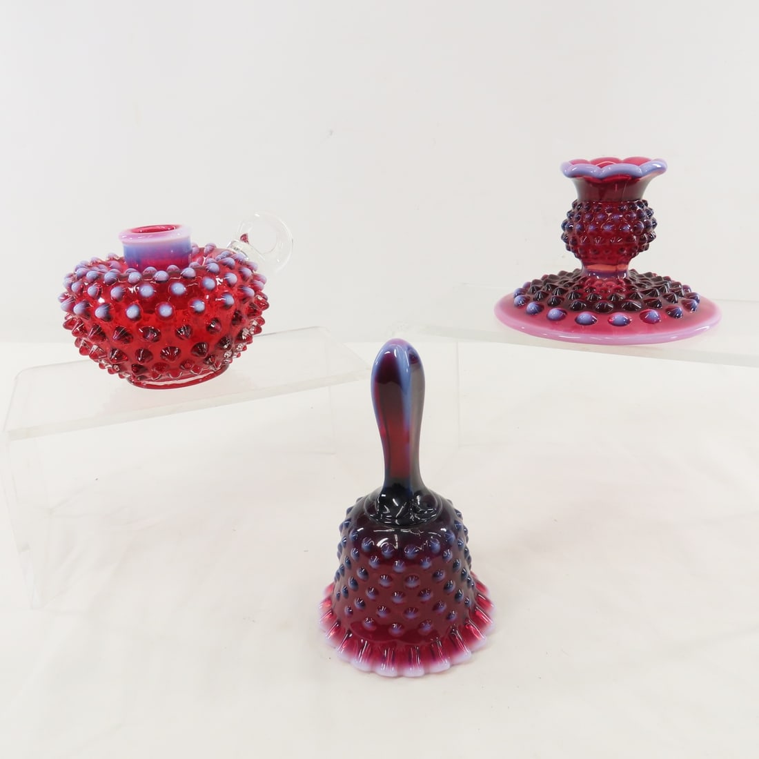 3 Pieces Fenton Plum Opalescent Hobnail Glass: 3 Pieces Fenton Plum Opalescent Hobnail Glass - No Cracks or Chips, LOT SIZE: 10x7x6" 2 LBSAll information and photos are intended to be as accurate as possible, but errors are possible. No item may&#