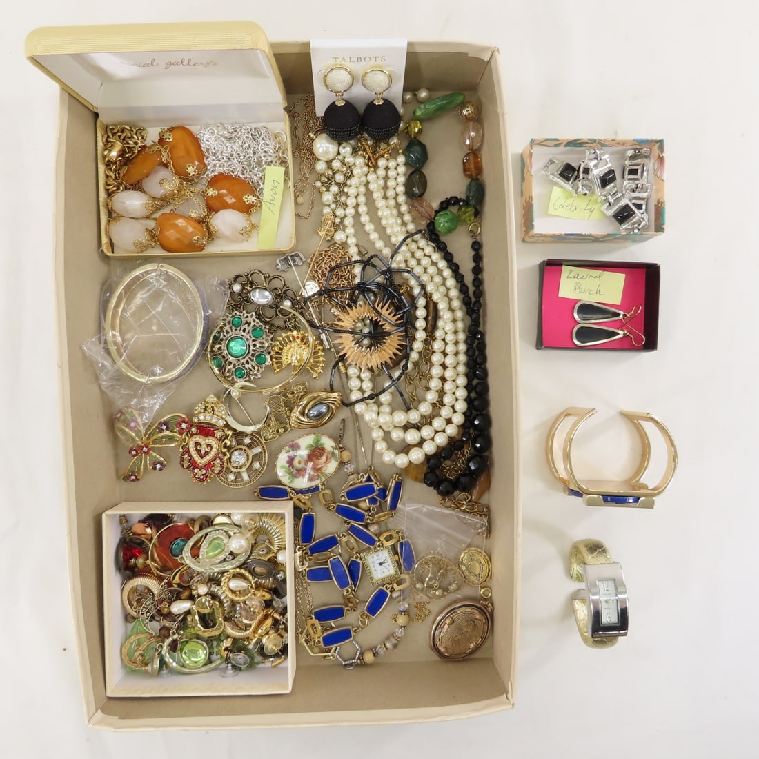 Celebrity, Avon, Burch & Other Jewelry: Celebrity, Avon, Burch & Other Jewelry - 2 Avon necklaces, Laurel Burch earrings, Celebrity bracelet, carded Talbot's earrings, NRQ bracelet- sealed in bag, paired pierced earrings, brooches, 2