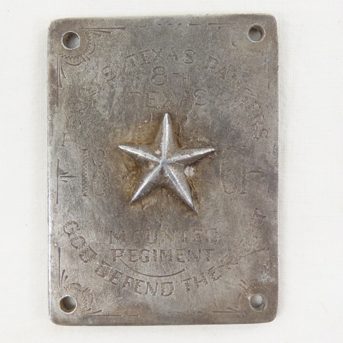 1861 8th Terry's Texas Rangers Badge: 1861 8th Terry's Texas Rangers Badge - with display frame. The 8th Texas Cavalry, a Confederate volunteer regiment widely known as Terry's Texas Rangers. Front marked "Terry's Texas Rangers 8th Texas