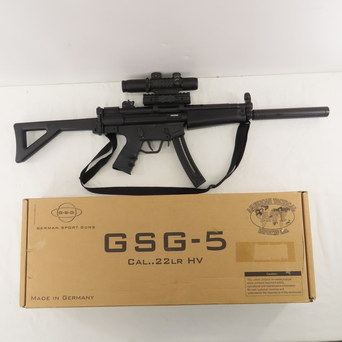German GSG-5 SD .22 LR HV Rifle: German GSG-5 SD .22 LR HV Rifle - SN# A275524, made in 2008 in Germany by German Sports Guns, import by ATI Rochester, NY, folding stock, pistol grip, 1 22 round magazine, sling, Adjustable rear