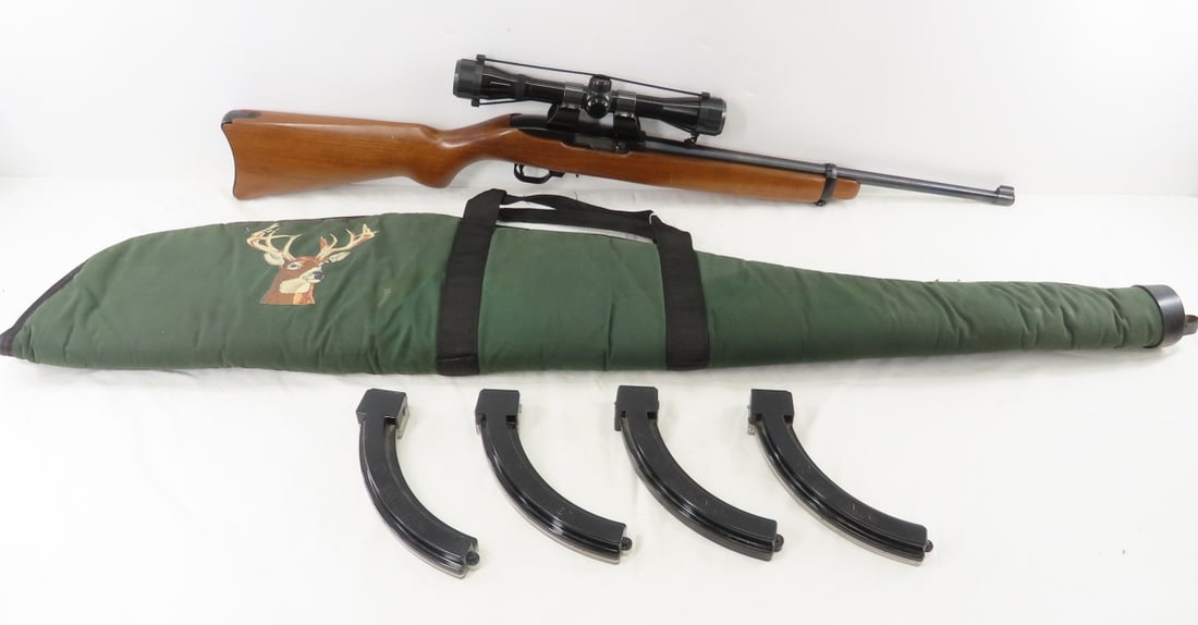 Ruger 10-22 .22 LR Rifle with Scope, Mags & Case: Ruger 10-22 .22 LR Rifle with Scope, Mags & Case - SN# 114-57232, semi-auto, 18.5" barrel with 4 Ram Line , Manufactured 1976 "made in the 200th year of American Liberty" on barrel, wood pistol grip
