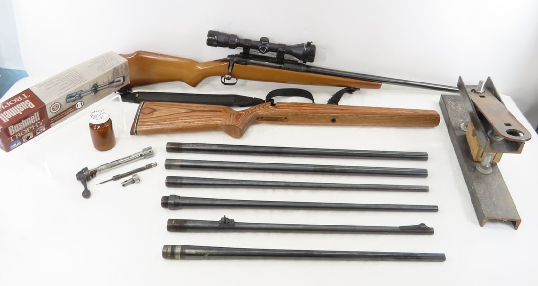 Savage Model 110E Rifle-7 Interchangeable Barrels: Savage Model 110E Rifle-7 Interchangeable Barrels - Rifle as put together is SN# E539106, SN is only mark on receiver, 24" barrel is unmarked- looks to be a .338 (barrel muzzle measure 8.5 mm), bolt