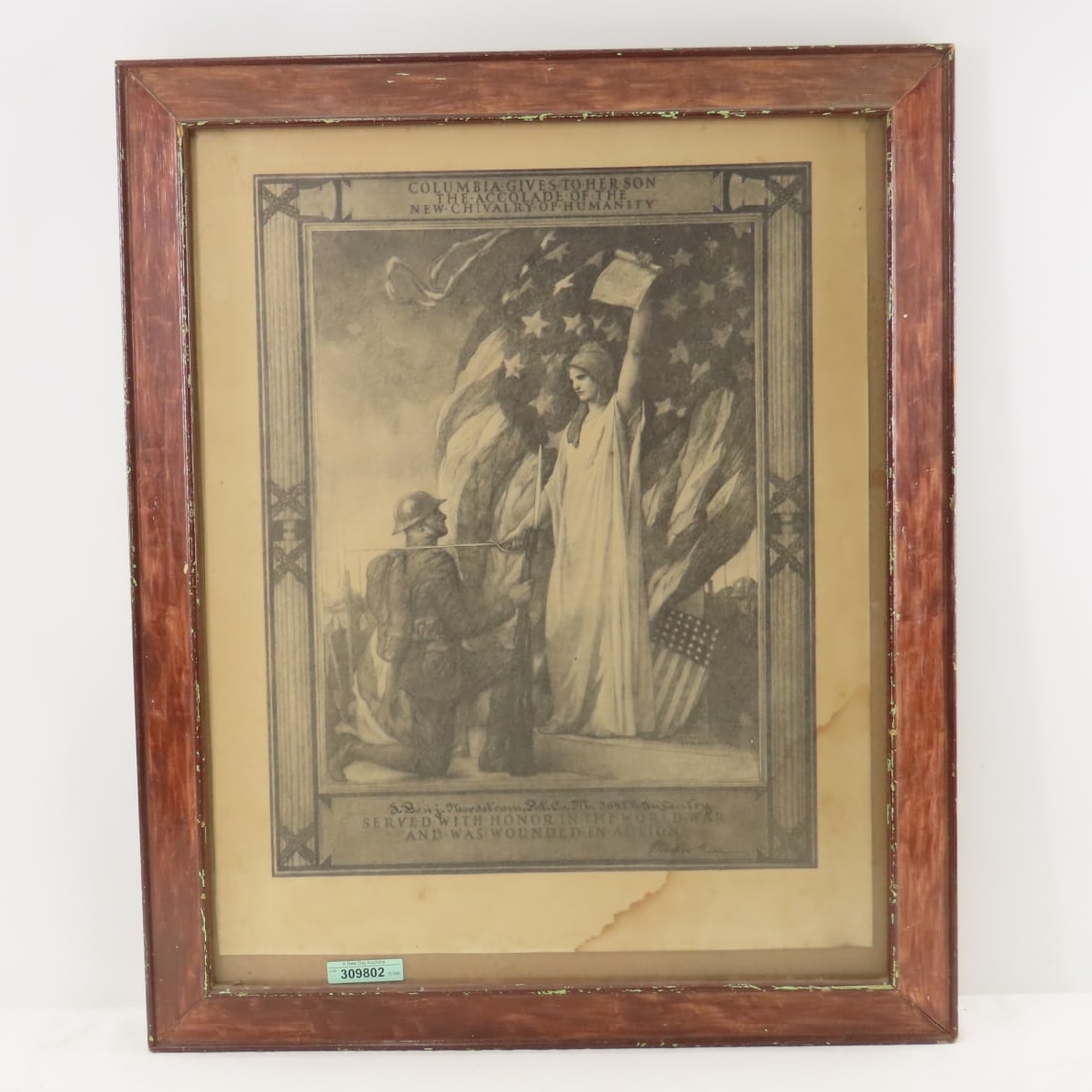 WWI Presidential Wound Certificate in frame: WWI Presidential Wound Certificate in frame - frame is chipped, glass is intact, large stain in lower right corner. Can be removed to save shipping costs. Frame measures 19x23". LOT SIZE: 24x20x2" 5