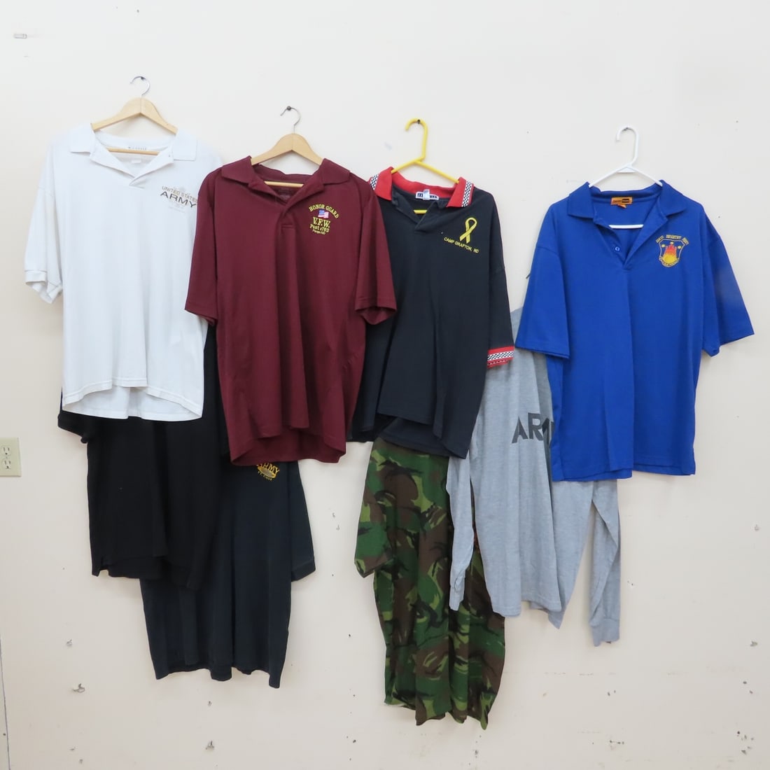 Collection of Polo & Other Military Related Shirts: Collection of Polo & Other Military Related Shirts - XL Long Sleeve ARMY Shirt, Dutch Army Camo Shirt, XXL Army Fort Knox Polo, XL VFW Post #762 Fargo, ND, XL Polo Camp Grafton, ND, XL Polo 164th