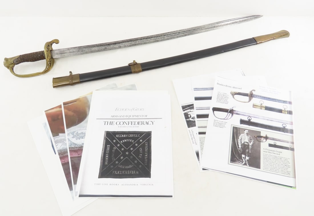 French Import M1850 Foot Officer Sword & Scabbard: French Import M1850 Foot Officer Sword & Scabbard - decorative brass hilt with guard and knucklebow cast in one piece, worn skin on grip wire wrapped. Blade wiggles in grip- no leather washer. 29"