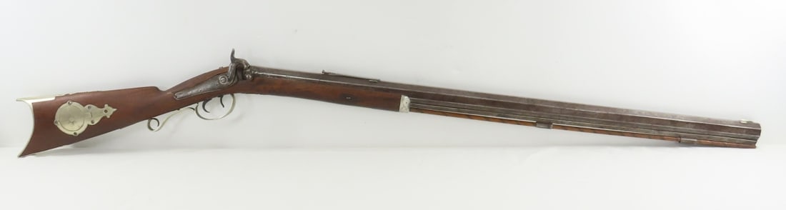 Antique .36 Cal Percussion Muzzleloader: Antique .36 Cal Percussion Muzzleloader - no visible marks, nice scroll work on what appears to be German Silver accent trim and patch box, there has been repair to stock near double set triggers,