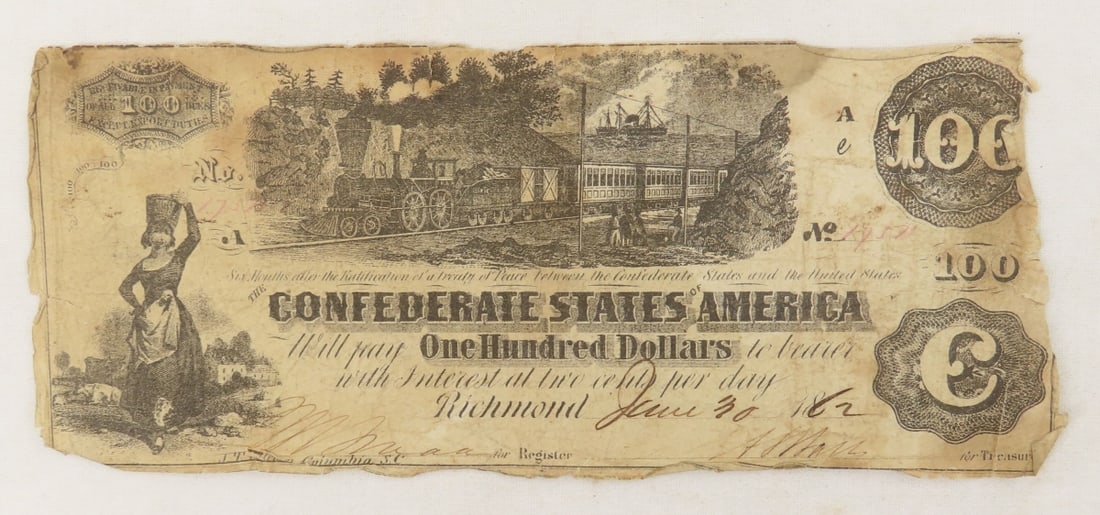 Confederate 1862 Richmond $100 Bank Note T-39: Confederate 1862 Richmond $100 Bank Note T-39 - locomotive vignette with straight steam, No 17171, hand numbered and signed, stamped on back interest paid 1st January 1864 & 1865 Augusta, signature on