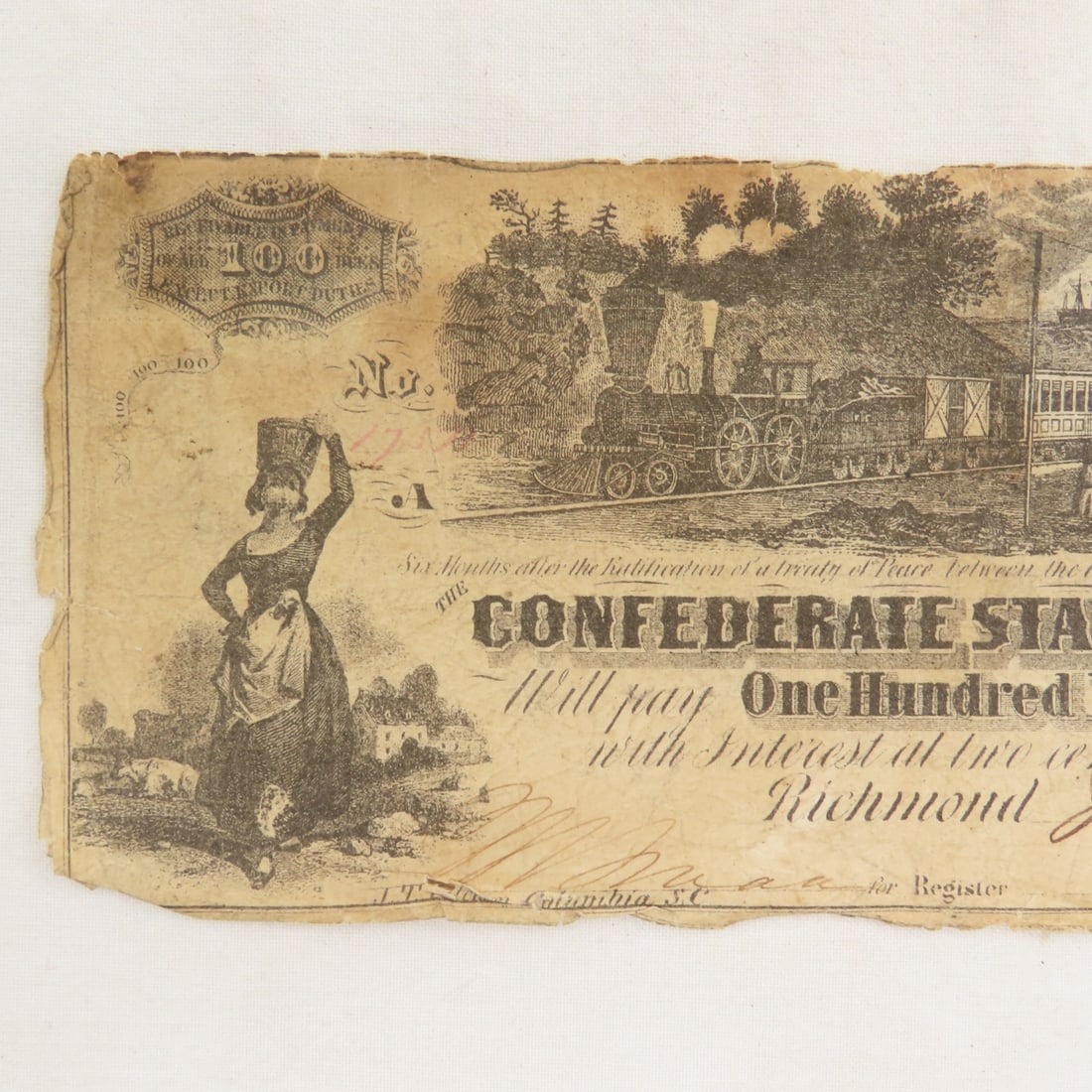 Confederate 1862 Richmond $100 Bank Note T-39 - 2