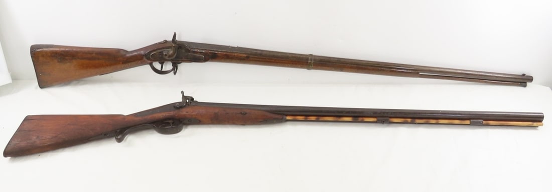 2 Antique Percussion Cap Muzzleloaders- for repair: 2 Antique Percussion Cap Muzzleloaders- for repair - SxS is marked "RB" on side plate, 33" SxS barrels with bead sight, new ram rod, missing 1 hammer and both nipple cones, missing screw, double trigg