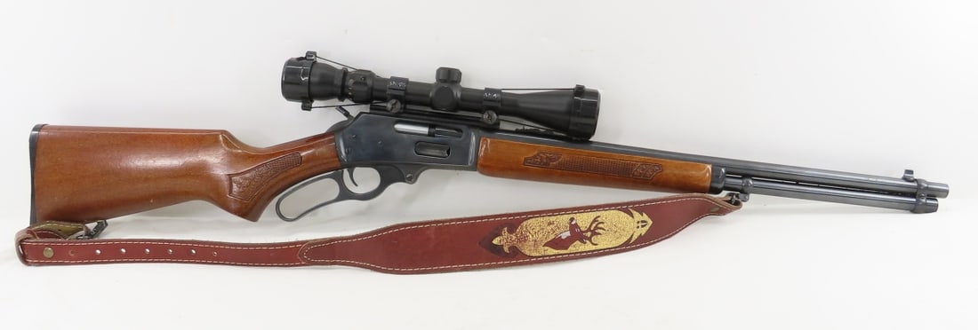 Marlin Glenfield Model 30A .30-30 WIN Rifle: Marlin Glenfield Model 30A .30-30 WIN Rifle - SN# 19134983, 20" barrel with iron sights, lever action, checkered wood forearm and pistol grip stock, leather sling, scope: Tasco 3x-9x40mm with lens
