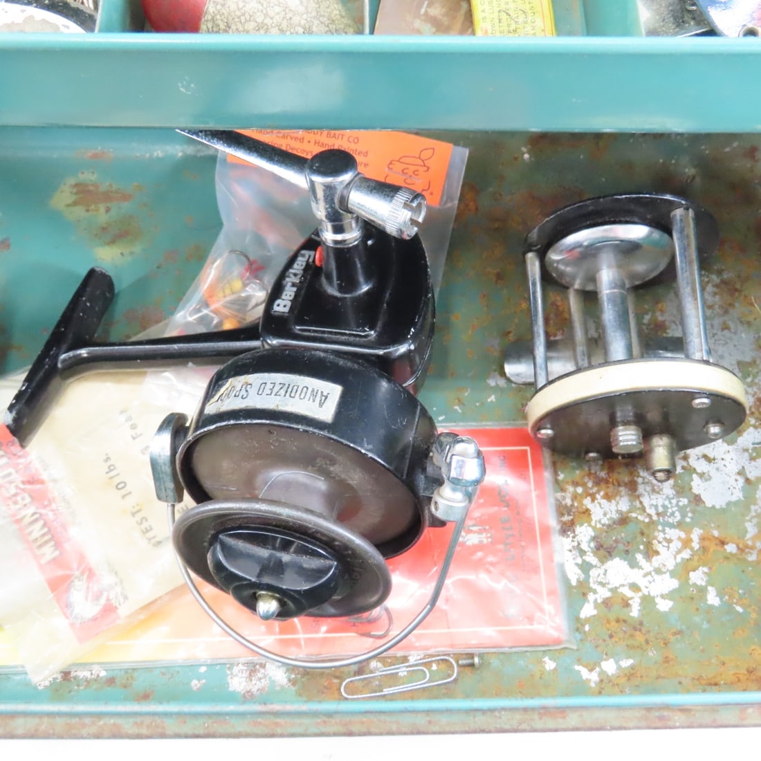 Vintage Metal Union Tackle Box with Lures & Gear - 9